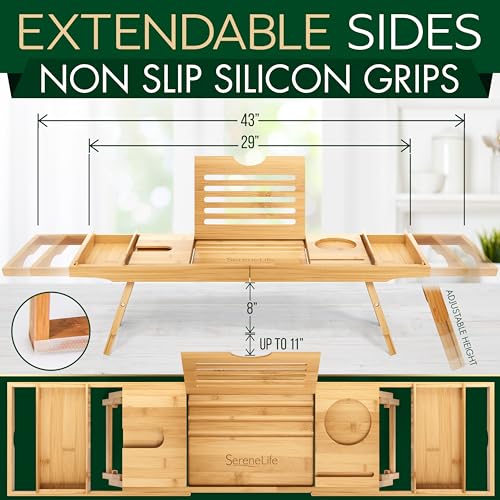 SereneLife-Bath-Caddy-Breakfast-Tray-Combo-Natural-Bamboo-Wood-Waterproof-Bathtub-Caddy-and-Bed-Tray-with-Folding-Slide-Out-Arms-Spa-Trays-and-Soap-Box-Smartphone-Holder-Standard-Gift-Set