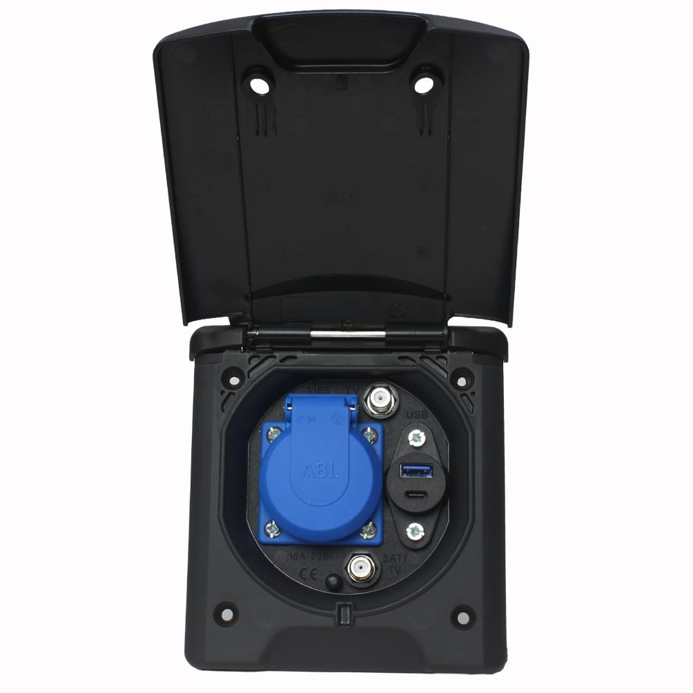 ABL Außensteckdose Wohnmobil/Boot: USB-A/C, Antenne, Schuko - 130x145mm, Schwarz, IP54, Made in Germany. Für Van & Wohnwagen