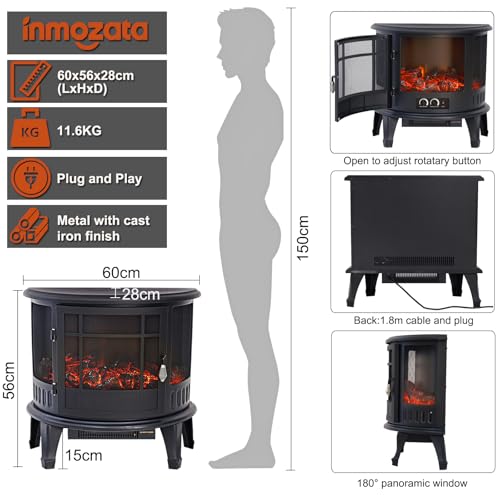 INMOZATA Electric Fire Stove Heater with Realistic LED Log Fire Flame Effect, Adjustable Thermostat, Flame Dimmer, Overheat Protection, 1800W - Image 3