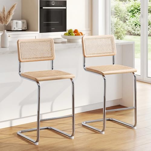 Image of Natural Rattan Counter Stools with Cane Back, 24 Inches Mid Century Modern Cesca Bar Stools, Rustic Bar Stools with Metal Frame for Kitchen Island,Home Pub (Natural, Set of 2)