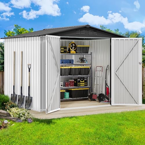 Image of DWVO 7x5ft Metal Outdoor Storage Shed, Waterproof Tool Shed Heavy-Duty Storage Unit with Lockable Door and Vents, Ideal for Bicycles, Tools, Lawnmowers, Backyards, Patios, Lawns - White