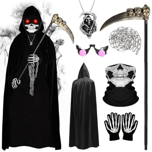 Disfraz de Muerte para Niño, Disfraz de Parca para Halloween con Capa Negra, Máscara de Calavera y Guantes, Guadaña, Cadena, Colgante de la Muerte, para Fiesta de Halloween, Carnaval y Cosplay