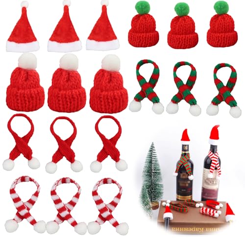 18 peças mini gorros de pai natal e lenços, mini chapéu de Natal, tampa de garrafa chapéu de decoração, chapéu de pirulito, para decoração de Natal, festas e projetos de artesanato