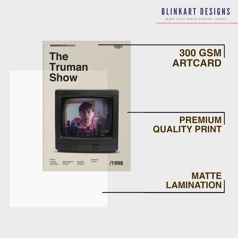 Image of BLINKART The Truman Show Movie Poster Frame 8x12 Inch | Premium 300 GSM Paper Wall Print | Mid Century Vintage Film Artwork for Home, Bedroom, Living Room, Office | Framed Photo Decor