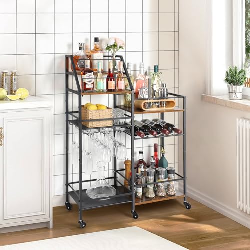Bikoney Stojaki na Wino Wolnostojące, Duży Wyświetlacz do Przechowywania Wina z Wózkiem Barowym, Stojak na Wino Wystroju Domu, Wózek na Alkohol, Szafka na Alkohol do Baru, Kuchni, Jadalni