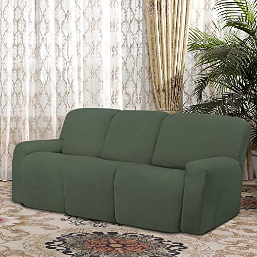 Image of Easy-Going 8 Pieces Microfiber Stretch Sectional Recliner Sofa Slipcover Soft Fitted Fleece 3 Seats Couch Cover Washable Furniture Protector with Elasticity for Kids Pet(Recliner Sofa,Greyish Green)