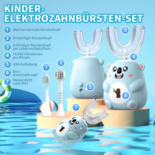 Elektrische Zahnbürsten für Kinder, 2-6/6-12,U-förmige Zahnbürste, Koala-förmige Zahnbürste, Ultraschall-Bürstenköpfe, 60 Sekunden-Timer (blau, 6-12 Jahren)