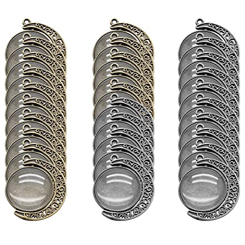 Unlorspy 30Pcs 10Sets Moon Rotation Double Side Pendant Trays,10Pcs 25 mm Moon Rotation Alloy Double-Sided Trays Pendants with 20Pcs Glass Cabochons Clear Dome for DIY Making (Silver and Bronze)