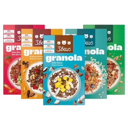 3Bears Granola Set | 5 knusprige & vegane Granolas in den Sorten Koko Kakao Red Berries Roasted Nuts Erdnuss-Kakao & Hafer-Crunch 5x325g | Ohne Industriezucker | In Kooperation mit Sarah Harrison