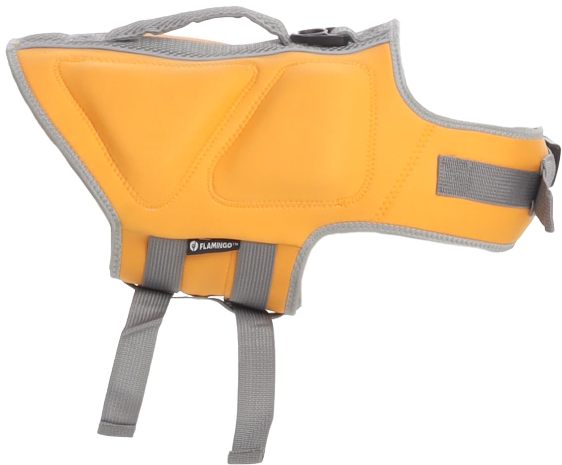 salvagente cane - giubbotto salvagente cane - Flamingo Swimmy giallo - XS A:22 cm B:30-34 cm C:43-49 cm - poliestere - schiuma EPE - regolabile - bande riflettenti - anello per guinzaglio