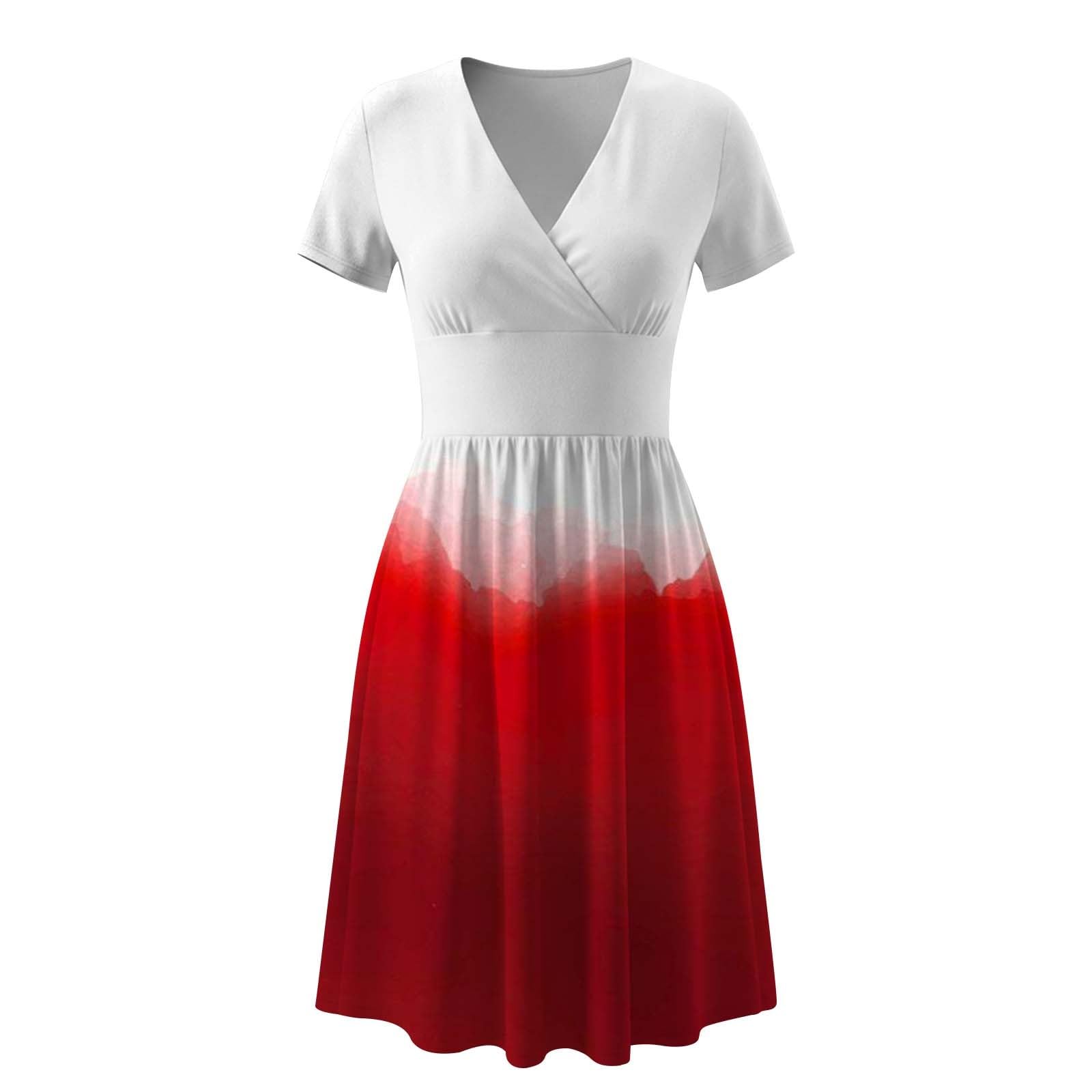 Robe d'été à manches courtes – Robe pour femme, taille haute, coupe trapèze, col en V, couleur assembler, style bohème, pour vacances, robe élégante et légère