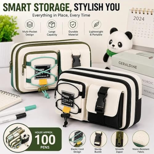 Image of Multi-Compartment Pencil Pouch, Large Capacity Pen Case | Canvas pencil pouch with zipper and buckle pocket, spacious storage for school, office and travel essentials.