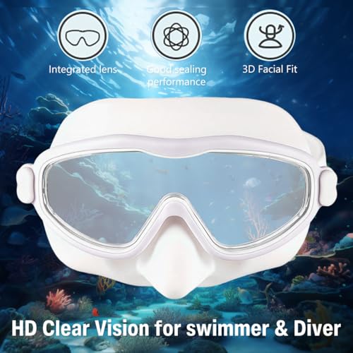 Image of PROBEROS Premium Swimming Goggles for Men & Women, 2-in-1 Wide View Goggles UV Protection & Anti-Glare Lenses with Anti-Choke Nose Cover & Earplugs, Adjustable No Pressure Swim Goggles, White