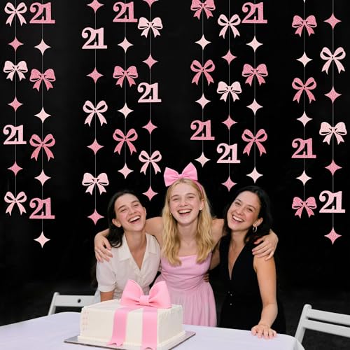 Image of Glitter Pink 21st Bow Birthday Decorations Hot Pink Conquette Bow Garland Streamer Banner Backdrop for Girls Happy 21st Birthday Finally Legal Cheers to 21 Years Old Anniversary Party Supplies