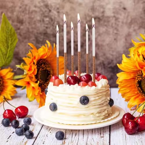 Image of Wanna Party 6 PCS White Gold Glitter Birthday Candles, Tall Glitter Cuppcake Long Thin Cake in Holders for Birthday Wedding Party Decorations