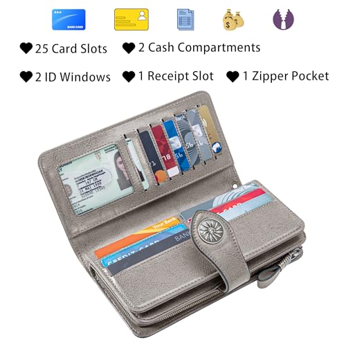 Image of Travelambo Women's Wallet RFID Blocking Credit Card Holder Large Capacity Wristlet Leather Wallets Purse, Light Grey, 7.5 inch x 4.1 inch x 1.3 inch, Retro