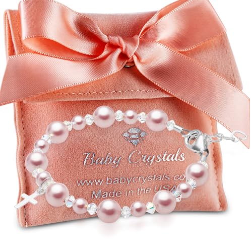 Image of Baby Crystals Personalized Pink Pearl Bracelets for Girls, Sterling Silver Initial & Cross Charm, Created with Swarovski Pearls and Crystals, Baptism, Communion, Christening Jewelry Gift