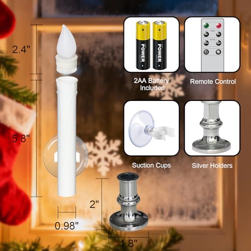 Image of 9 inch Flameless Window Taper Candles Battery Operated with 8-Key Remote and Timer, 4 Pack White Christmas Holdiay Window Candles with Silver Holders, Suction Cups and AA Batteries Included