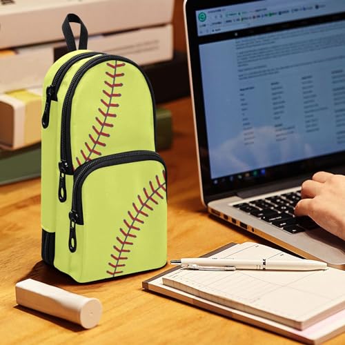 Image of ZAZYXTJ Softball Standing Large Capacity Pencil Case 3 Compartment Pen Pouch Storage Canvas Makeup Bag for School Office Teen Girl Boy Men Women