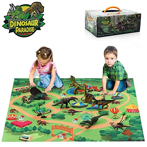 TOMETC 19PCS Dinosaur Toys Set 14 Pcs Dinosaur Figures Activity Play Mat & Trees Create A Dino World Educational Realistic Boys Dinosaur Toys Figures Playset Best Gifts for Kids Boys & Girls