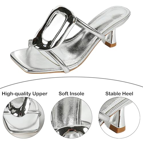 Women's Leather Metal Buckle Stiletto Heel Dress Slides Sandals Fashion Sexy Comfortable Square Open Toe Slip On High Heel Casual Mules for Party Wedding Daily Wear3