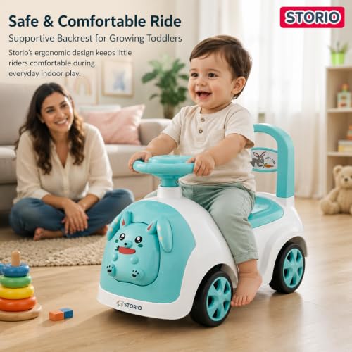 Image of Storio Rabbit Baby Ride-On Car Toy | Non-Battery Push Car for Kids with Backrest & Steering Wheel | Baby Ride On Toy for Boys & Girls 1-3 Years | Ocean Blue