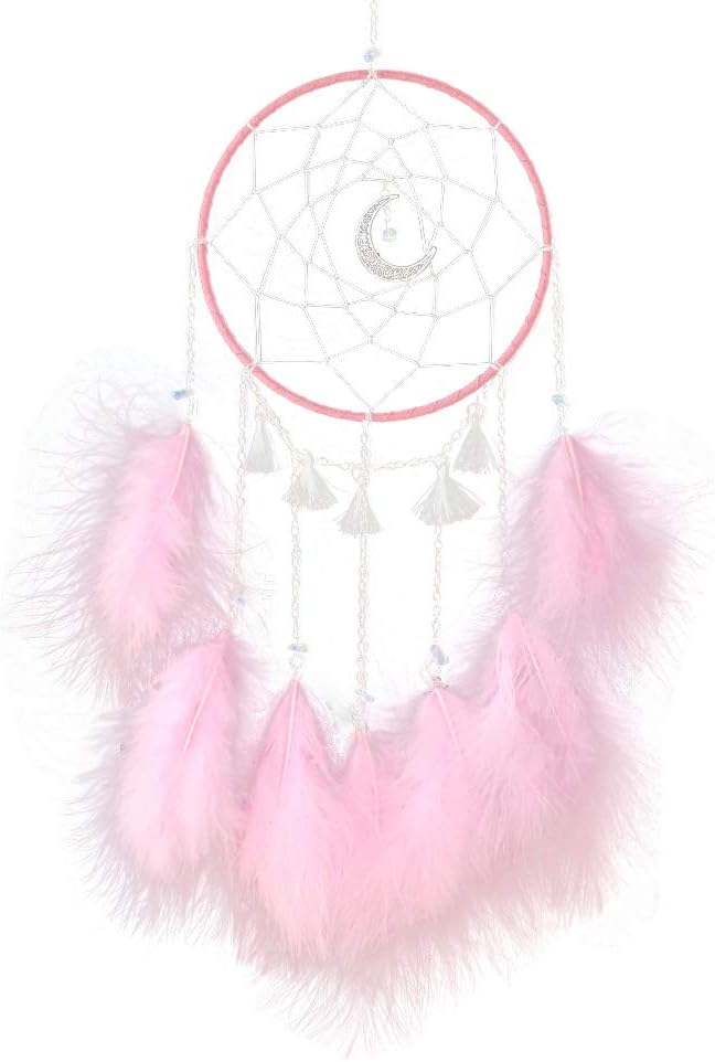 WDEC Atrapasueños Hechos a Mano con Plumas, con Luces LED, Decoraciones para El Hogar, Decorar Dormitorios, Habitaciones Infantiles, 15 cm De Diámetro, Artesanías Colgadas En La Pared (Rosado)