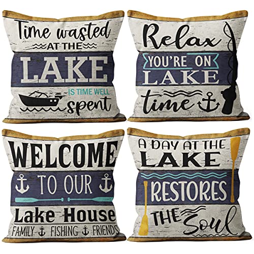 Relax You're On Lake Time Throw Pillow Covers, Lake Paddle Decor, Lake House Decor, Lake Cushion Pillow Cases For Sofa Bed Couch,18 X 18 Inch Set Of 4, Lake House Room Decor, Lake House Porch Decor #TOP24