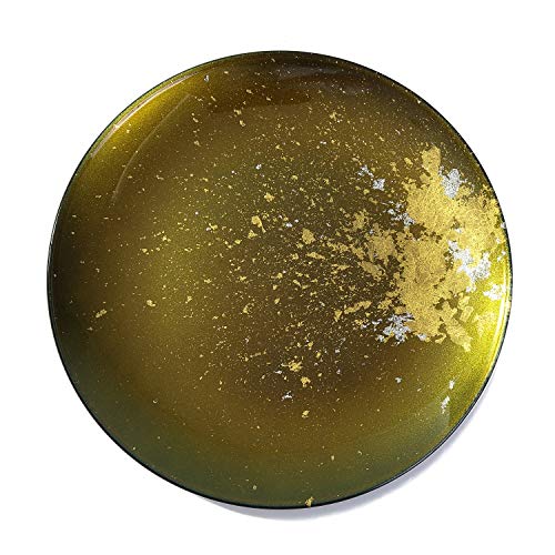 Syosaku Japanese Urushi Glass Flat Dinner Plate Φ11-inch Majestic Green with Gold Leaf, Dishwasher Safe, Flat Dinner 11-inch (28cm)