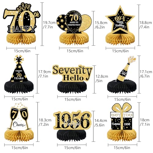 Image of 9Pcs 70th Birthday Decorations Honeycomb Centerpieces for Men Women, Black Gold Happy 70th Birthday Centerpieces Tables Toppers Party Decorations Supplies,Vintage 1956 Aged Table Sign Decor
