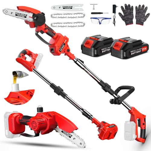 Forbice da Potatura a Batteria,2 in 1 Motosega Telescopico,Mini Motosega,8 Pollici Sega Elettrica Telescopica per Potatura,Con Guanti,Occhiali Protettivi,per Taglio Del Legno,Alberi e Giardini(rosso)