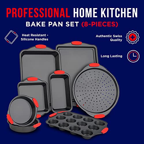 Baking Set – 8 Piece Kitchen Oven Bakeware Set – Deluxe Non-Stick Black Coating Inside And Outside – Carbon Steel – Red Silicone Handles – Pfoa Pfos And Ptfe Free By Bakken #TOP3