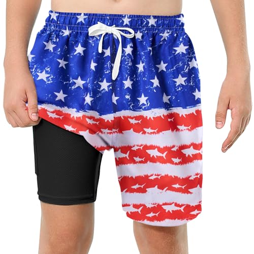 ZenGents American Flag Swim Trunks Boys 8-10 Swim Shorts Compression Liner July 4th Bathing Suit Swimsuit Kids Quick Dry Swimming Shorts Anti-Chafe Swimwear Size 8-9