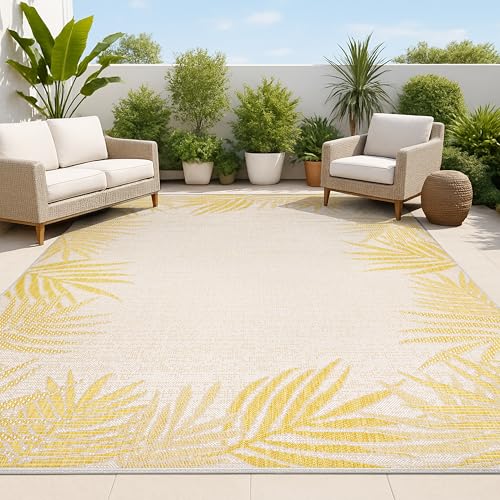 JONATHAN Y Palm Frond Border Indoor Outdoor Area Rug 4X6 Yellow/Cream, Isla Coastal Cottage for Backyard, Patio, Porch, Easy-Cleaning, High Traffic, Pet-Friendly, Non-Shedding (TSN207A-4)