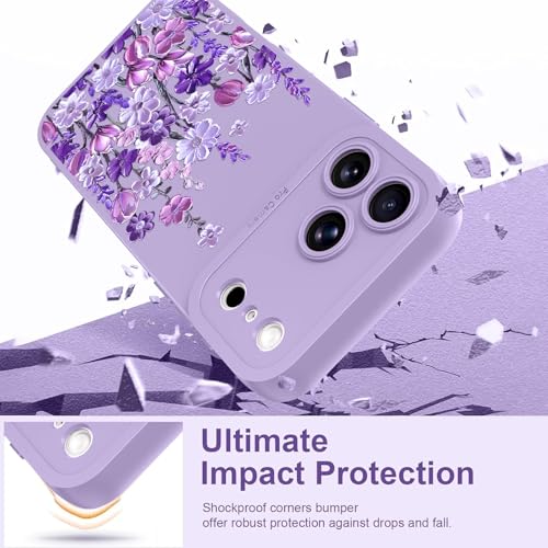 Image of Designed for iPhone 17 Pro Case Floral for Women Girls, Purple | Cute Oil Painting Flower Pattern Liquid Silicone Phone Case [Full Camera Protection] Slim Soft TPU Protective Cover
