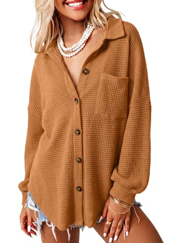 Image of Dokotoo Womens Waffle Knit Shacket Jacket Casual Button Down Shirts Tops | Long Sleeve,Loose Fit,Boyfriend Style,Collared V Neck,Fall Cardiga,Outwear with Pockets