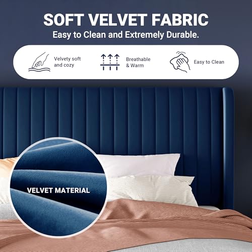 Image of Allewie Full Size Velvet Bed Frame /Vertical Channel Tufted Wingback Headboard /Upholstered Platform Bed /Strong Wooden Slats /No Box Spring Needed /Easy Assembly /Blue