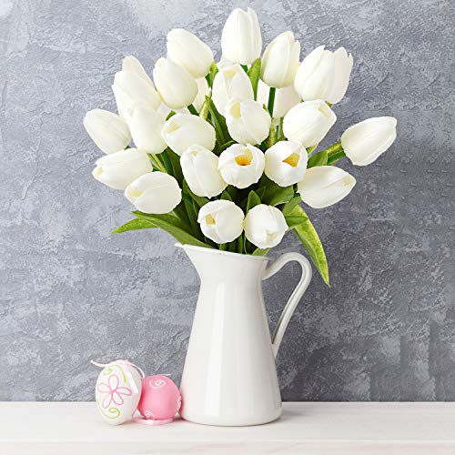 Ezflowery 10 Heads Artificial Tulips Flowers Real Touch Arrangement Bouquet For Home Room Office Party Wedding Decoration, Excellent Gift Idea For Mothers Day (10, White) #TOP6