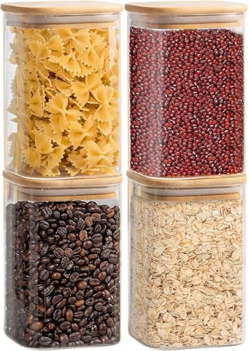 Image of MARTVIA Glass Food Storage Jars with Bamboo Lids 1200ml Set of 4, Wide Mouth Lid Jar for Home Kitchen,Flour, Sugar, Coffee, Pasta, Oats, Grains, Cookies, Snacks (Sqaure 1200 ML Jar, SET OF 4)