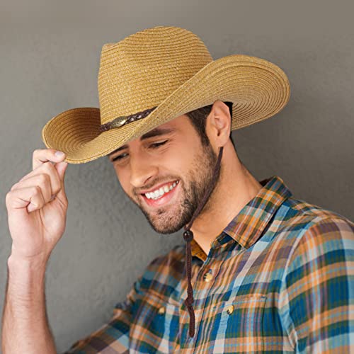 Western Cowboy Hat With String For Women Men Foldable Summer Sun Protection Straw Beach Hats With Wide Brim Khaki #TOP5