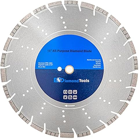 16" All Purpose Diamond Saw Blades for Hard/Reinforced Concrete, Asphalt, Granite, Terrazzo, Ductile Iron Piping, 5-5/8" Cutting Depth, 1" Arbor Cover