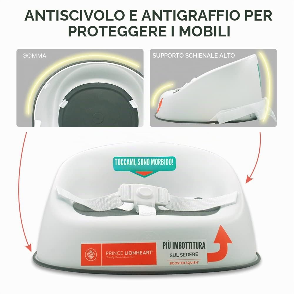 Prince Lionheart Booster Seduta Squish Grigio 18m+ 5yrs 27kg Leggera Imbracatura 3 Punti Base Rigida Antiscivolo