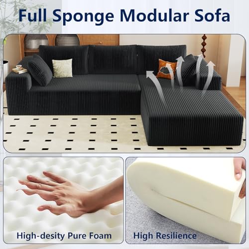 Image of 96 inch Modular Sectional Sofa, Modern Corduroy Cloud Couch with Deep Seat, Boneless Couch Upholstered 3-Seater L-Shaped Sofa for Living Room, No Assembly Required (Black, Right-Facing Chaise)