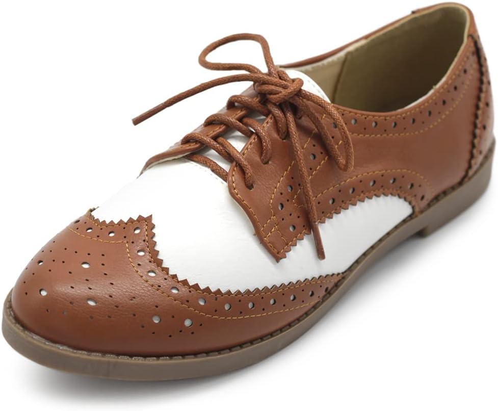 OllioWomen's Flat Shoe Wingtip Lace Up Two Tone Oxford