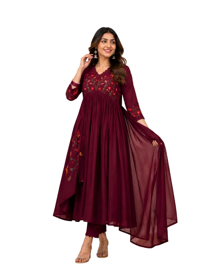 Women Floral Embroidery Anarkali Kurti Pant with Dupatta Set-image-34