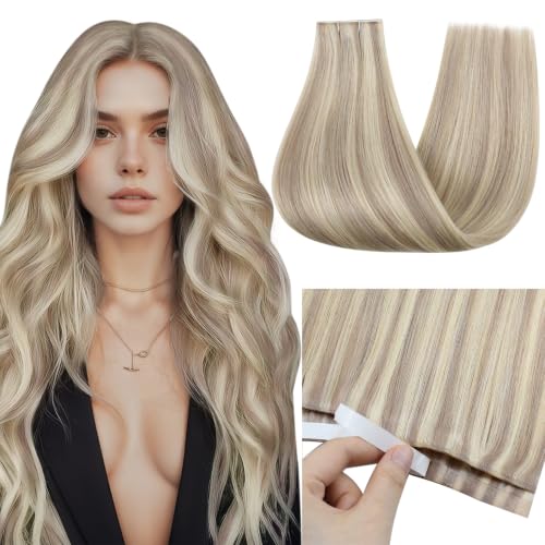Image of Full Shine Tape in Weft Extensions Human Hair, Dirty Blonde Mix 20 Inch