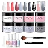 Aokitec 8 Colours Nail Dip Powder Starter Kit, Pink Gray Glitter White Black Dip Acrylic Powder with Dip Base Top Activator Brush Saver for Nail Art Beginner, No Nail Lamp Needed, Gift for Women Girls