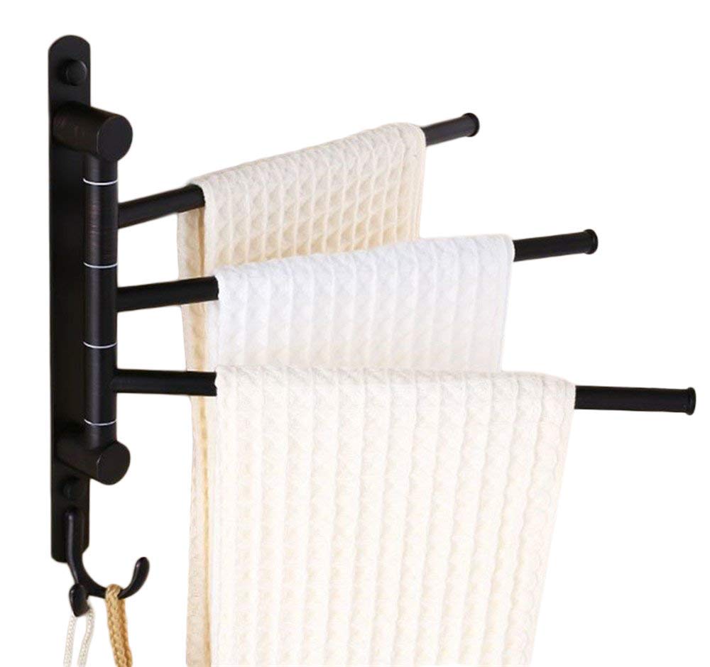ELLO&ALLO Oil Rubbed Bronze Swivel Towel Bars for Bathroom Holder Wall-Mounted Towel Rack with Hooks (3-Arm)