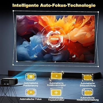 Beamer-4K [2200ANSI & Auto Focus/Trapezoidal Correction] Daylight Projector with WiFi 6 Bluetooth DESS Full HD 1080P Smart Short Distance Projector Concealed Motor Stand 300 Inch Display Home Cinema & Outdoor Projector