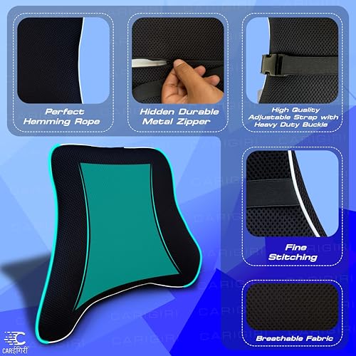 Image of Carigiri FlapRest Car Back Rest Pillow| 1 Year Warranty| Memory Foam Back Pillow| Car Seat Back Cushion| Car Back Pillow for Back Pain Relief in Office,Driving(Black, White Hemming, Pack of 1)